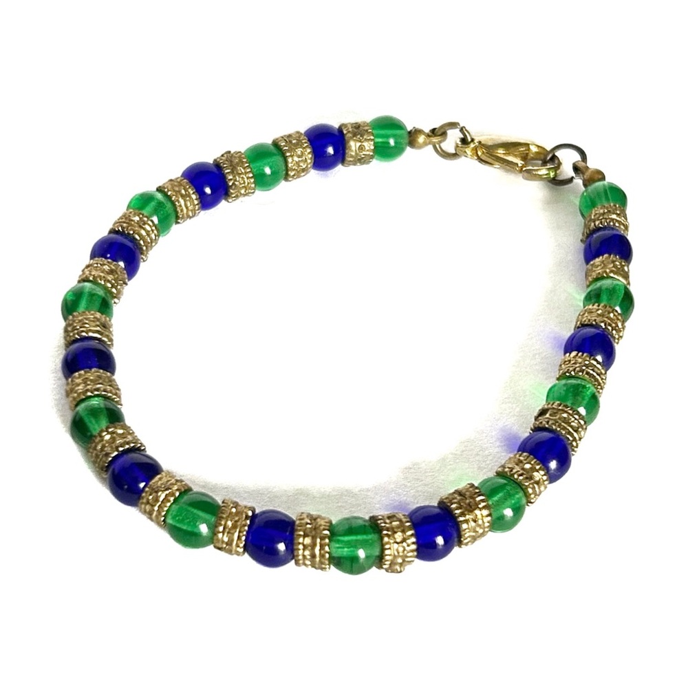 Vintage Blue Green Gold Coloured Beaded Bracelet Emerald Sapphire Colour India